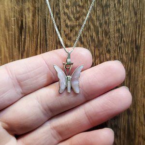 18 Inch 925 Sterling Silver Shell Butterfly Tarnished Pendant Necklace